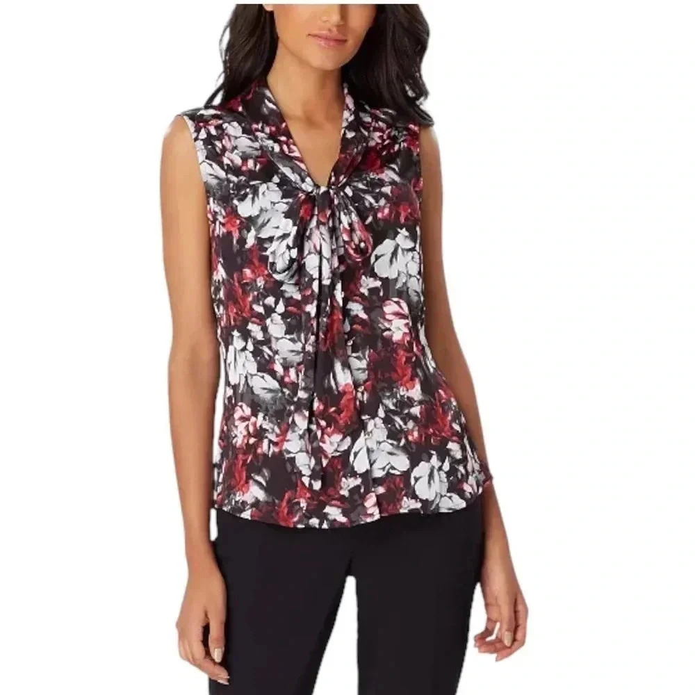 TAHARI ARTHUR S LEVINE | Black Floral Print Sleeveless Tie-Neck Blouse Size L